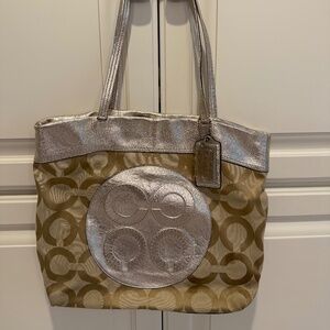 Coach Julia Op Art Signature Khaki Gold Leather Shoulder Bag Tote